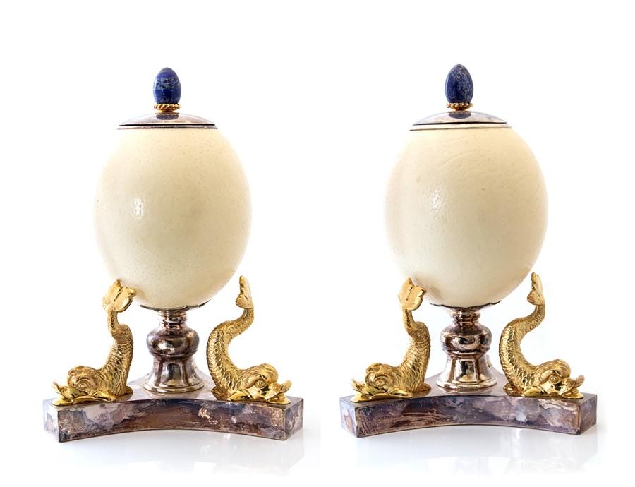 A Pair Of Ostrich Egg Desk Ornaments Attributed To Anthony