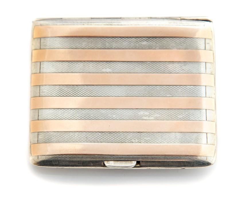 Sampson Mordan & Co, a George V silver pocket cigarette case with overlaid  rose gold stripes, gilt interior with presentation inscription, maker  Sampson Mordan & Co, London 1912, approximate weight all in