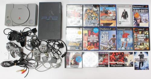 PlayStation: An unboxed PlayStation 1 console; together with an unboxed  PlayStation 2; with three total controllers and one power supply; ten boxed  PlayStation 2 games etc. (one box)