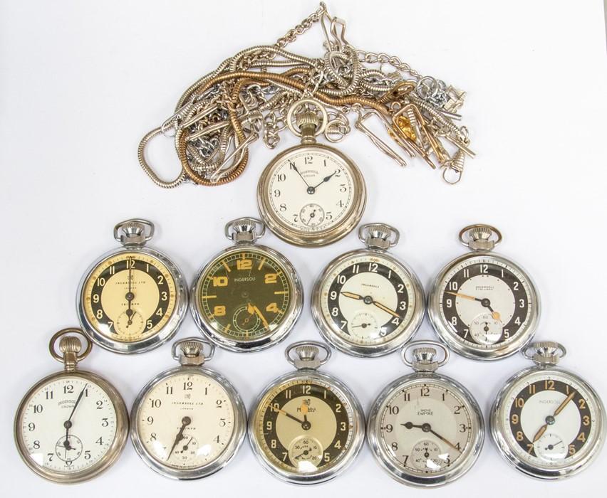 A collection of eleven Ingersoll pocket watches all open faced with various dial designs along with seven metal and watch chains 1 box