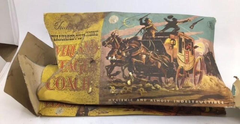Vintage toys: plastic train set, Tudor Rose stage coach, Revell kit, sooty guitar, die cast vehicles, etc. (2 boxes). Vintage toys: plastic train set, Tudor Rose stage coach, Revell kit, sooty guitar, die cast vehicles, etc. (2 boxes).