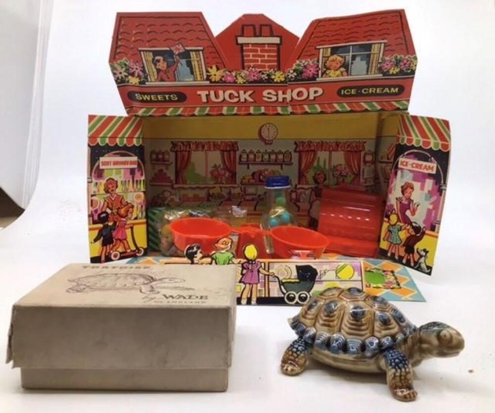 Vintage toys: plastic train set, Tudor Rose stage coach, Revell kit, sooty  guitar, die cast vehicles, etc. (2 boxes).