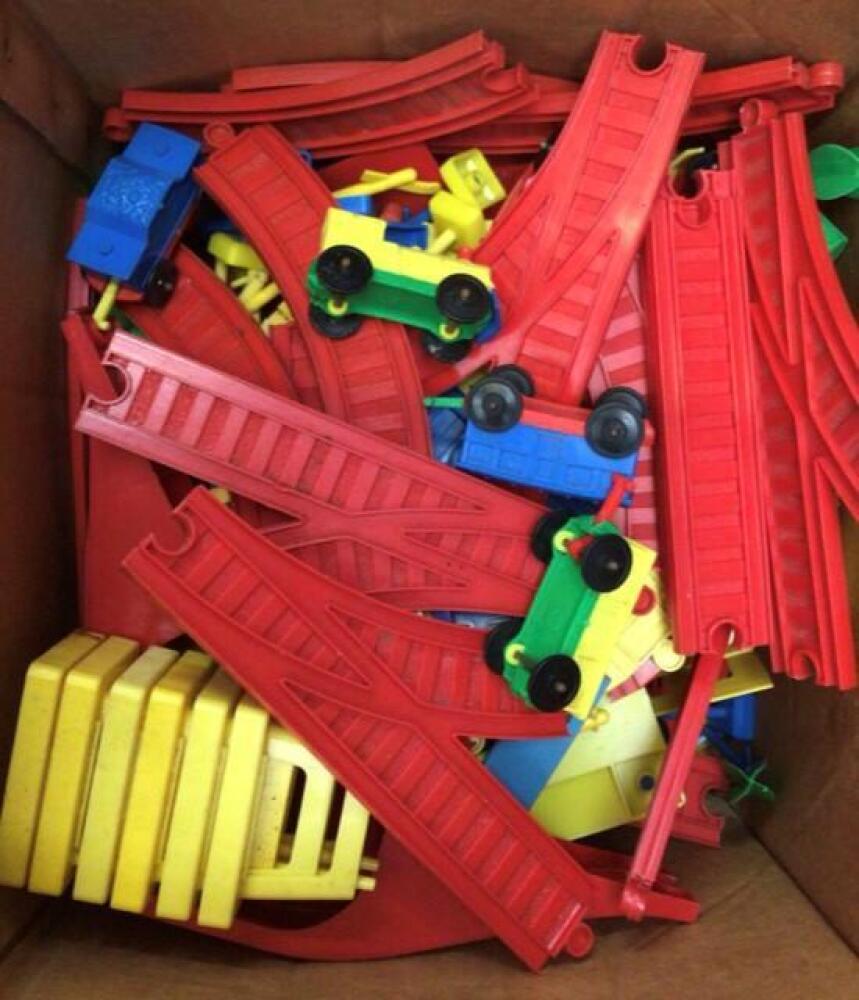 Vintage toys: plastic train set, Tudor Rose stage coach, Revell kit, sooty guitar, die cast vehicles, etc. (2 boxes). Vintage toys: plastic train set, Tudor Rose stage coach, Revell kit, sooty guitar, die cast vehicles, etc. (2 boxes).