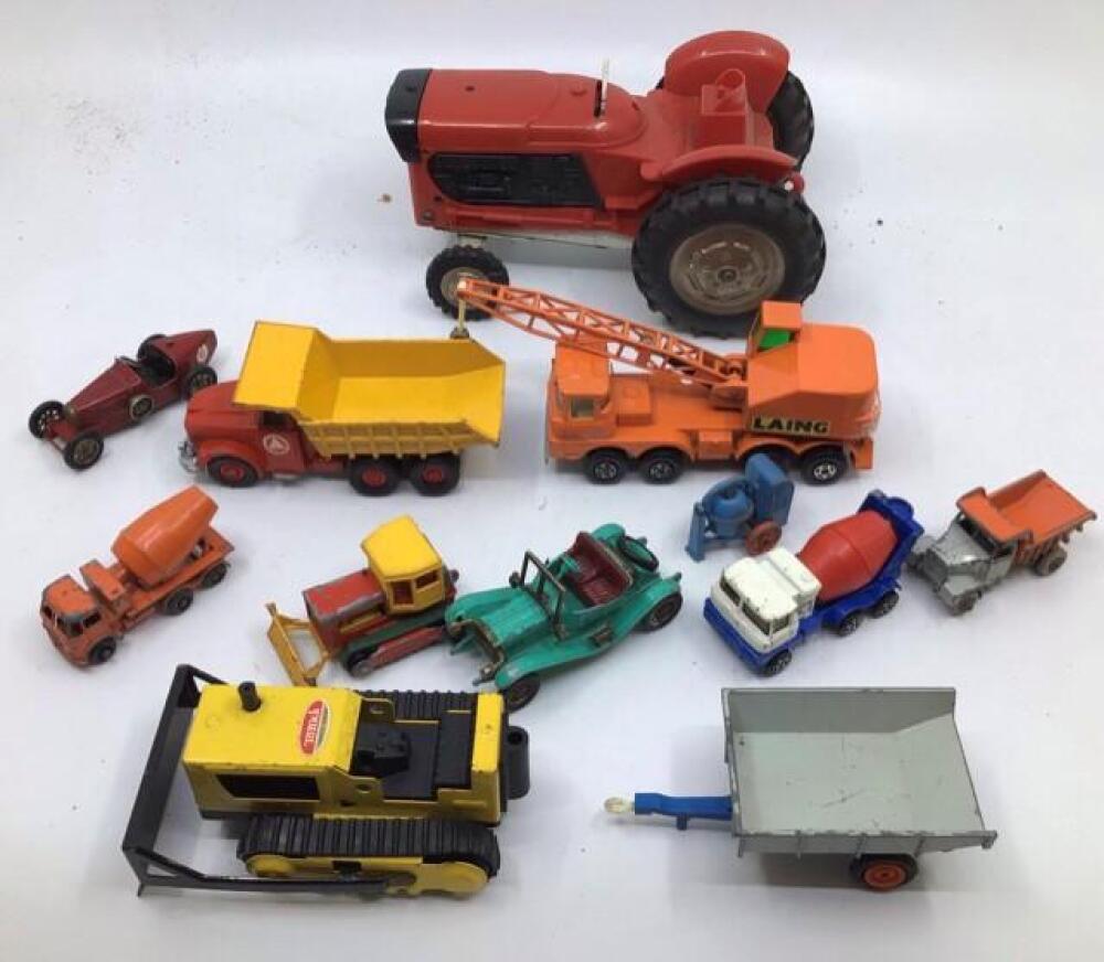 Vintage toys: plastic train set, Tudor Rose stage coach, Revell kit, sooty guitar, die cast vehicles, etc. (2 boxes). Vintage toys: plastic train set, Tudor Rose stage coach, Revell kit, sooty guitar, die cast vehicles, etc. (2 boxes).
