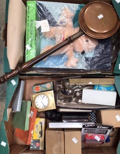 A mixed lot include: faux Louis Vuitton bag, leatherette handbag, plated  flatware, brass small bed pan, plastic toys, Barcelona Olympics toy mascot  (boxed); mantle clock etc (2 boxes)