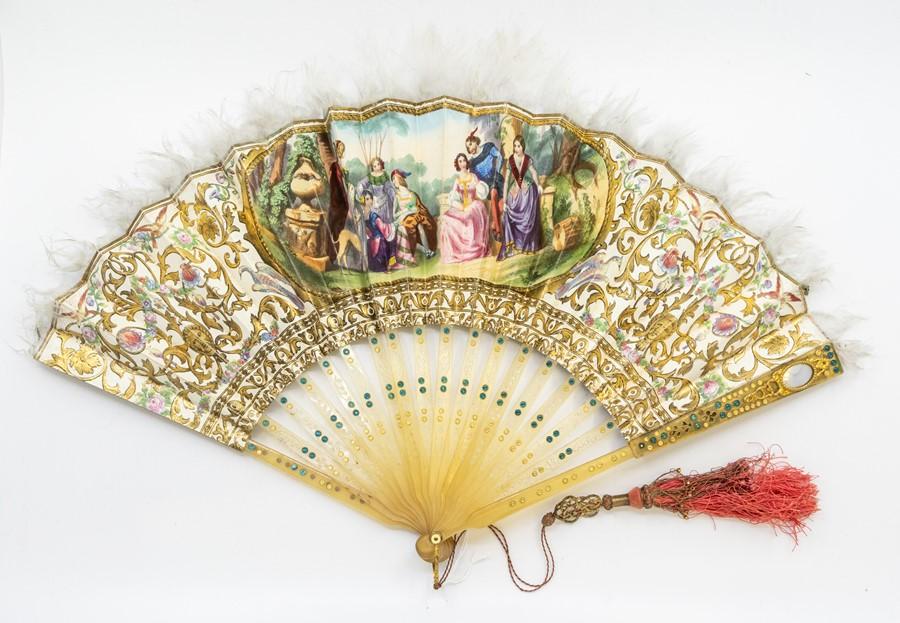 Victorian Painted Silk Ostrich Feather Fan