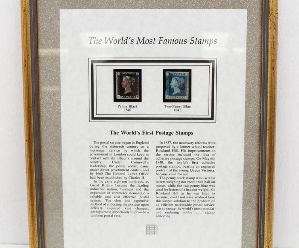 A framed stamp collection entitled the Worlds most famous stamps with ...