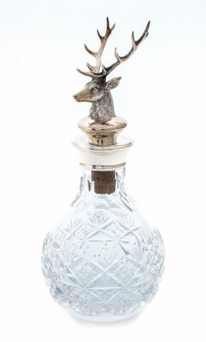 An Elizabeth II silver mounted glass liquer decanter, the silver detachable stopper cast as a Stag's Head, by Harrison Brothers & Howson Ltd, Birmingham, 1988