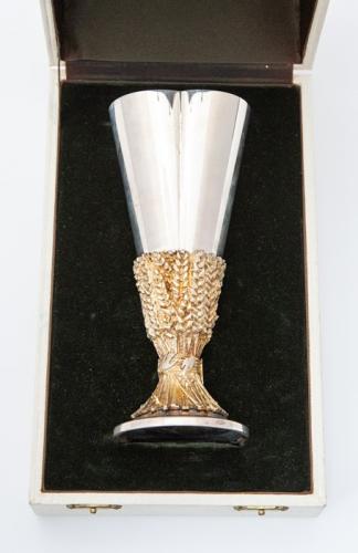 An Aurum silver trefoil goblet, by Desmond Clen Murphy, London 1976, limited edition, 156 of 600 to commemorate the 9th Centenary of Chichester Cathedral founded in 1075, 325 grams approx, bozed