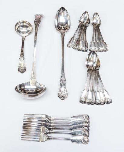 A collection of 19th Century style silver-plate flatware, including Fiddle thread and shell table forks, dessert spoons and teaspoons; King's pattern large serving spoon, soup ladle and sauce ladle (1 bag)