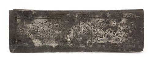 A Charles II pewter rectangular box, the hinged cover engraved: The Gift of Sr Edw Lutwych Knight (Serjeant at Law to K Charles the Second) to Kath Wright  Anno Dom. 1684 with Coat-of-Arms between., 22cm long

 Note: Sir Edward Lutwych (e) 1634-1709 Judge and Politician was called to the bar at Gray's Inn in June 1661, and was elected an ancient of the inn in 1671. He became a serjeant-at-law on 23 Feb. 1683, and King's Serjeant on 9 Feb. 1684, when he was also Knighted. In October 1685 he was a