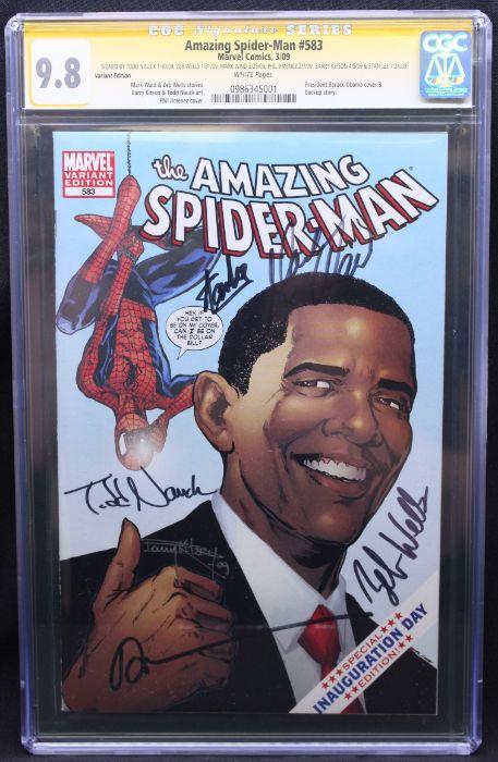 Marvel Comics: Amazing Spider-Man #583 Variant Edition, March 2009,  President Barack Obama cover & back up story. Signed by Todd Nauck, Stan  Lee, Zeb Wells, Phil Jimenez, Mark Waid and Barry Kitson.