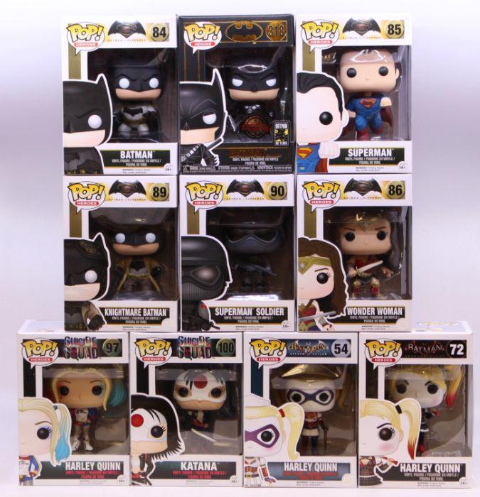 Funko: A collection of ten Funko Pop! DC boxed figures to comprise: Batman  84, Superman 85, Wonder Woman 86, Knightmare Batman 89, Superman Soldier  90, Batman Grim Knight 318, Harley Quinn 97,