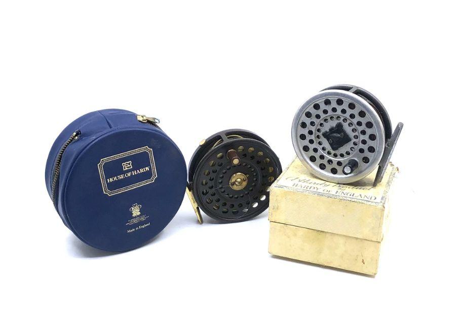 Angling interest; A Hardy 3½in. 'The Princess' alloy fly reel in a Hardy  fitted case, together with a Hardy 3¼in. Marquis #6 alloy fly reel and an  original Hardy 3in. Princess cardboard