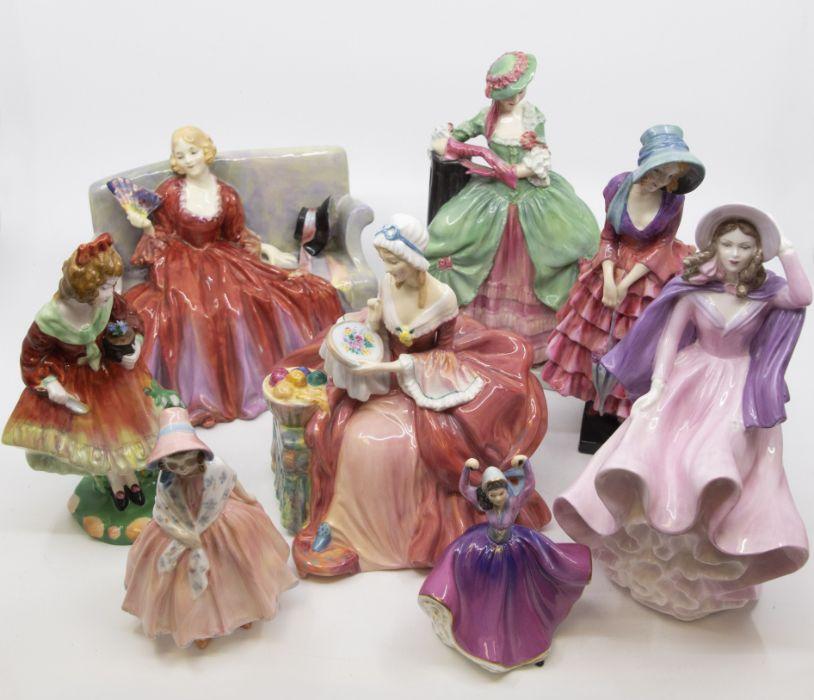 A collection of Staffordshire lady figures including six Royal Doulton ...