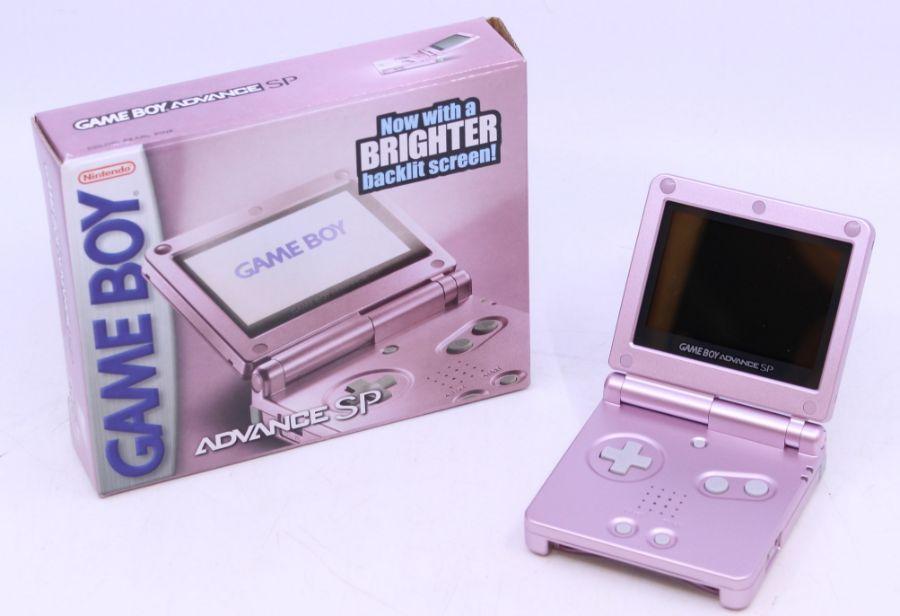 Game Boy: A boxed Nintendo Game Boy Advance SP AGS-101, Pearl Pink