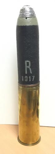 WW1 Imperial German 77mm Artillery shell. INERT & FFE. Case is marked  Polte Magdeburg April 1917 complete with unfired restored shrapnel case  which contains shrapnel balls along with correct inert alloy fuze.