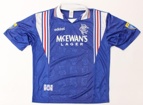 Rangers: A Rangers, 1996-97 short-sleeved home football shirt, Size XL,  Adidas, McEwan's Lager sponsor with SPFL patches, signed by Paul Gascoigne  to reverse.