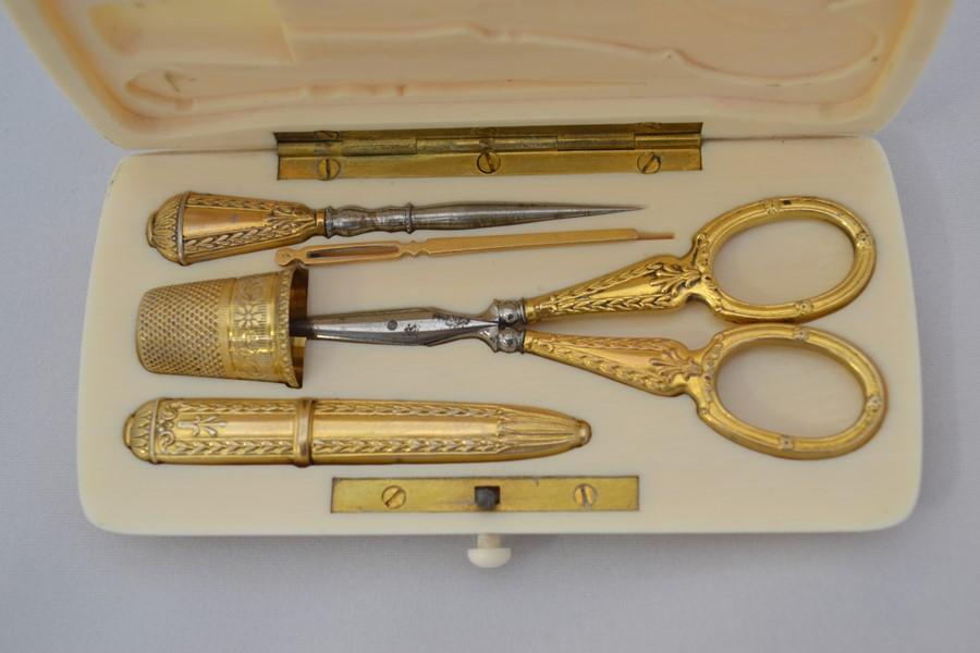 French Antique Gold Sewing Kit in Case