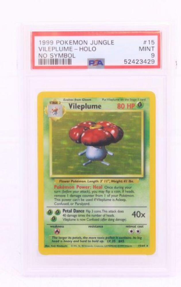 Pokemon: A PSA 9 MINT, Vileplume 15/64, 1999 Holo Jungle 'No Symbol' Error. Cert No. Pokemon: A PSA 9 MINT, Vileplume 15/64, 1999 Holo Jungle 'No Symbol' Error. Cert No.