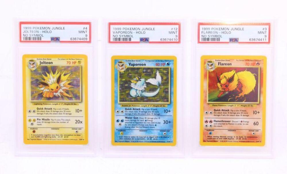 Pokemon: A PSA 9 MINT, Eeveeloution Trio: Flareon, Jolteon and Vaporeon,  Jungle 'No Symbol' Error. Sequential