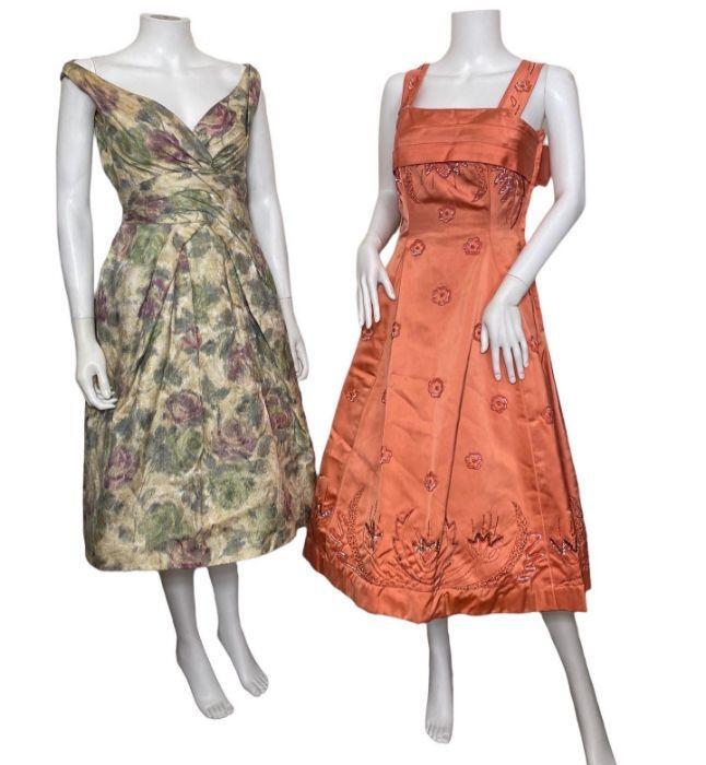 A later 1950s frank usher dress in a silk brocade with metallic threads, an  an internal