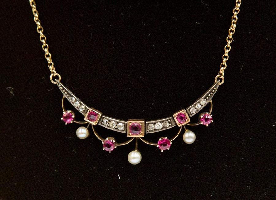 Victorian Diamond Ruby and Pearl Garland Necklace