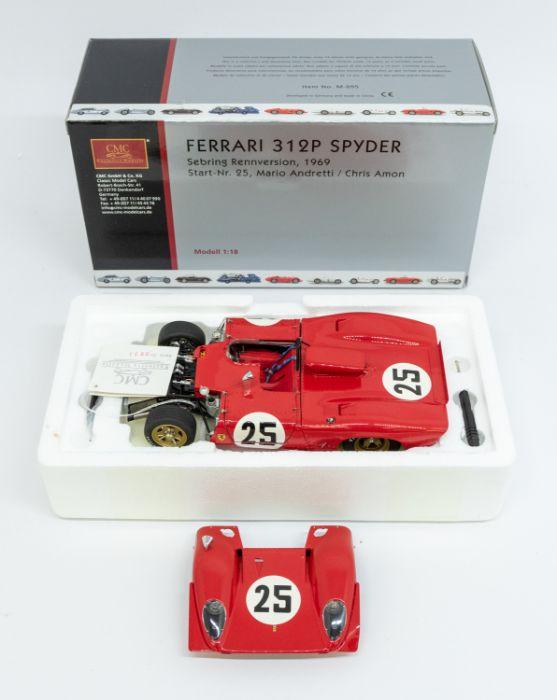 CMC: A 1:18 Scale Model of a Ferrari 312P Spyder Sebring Rennversion, 1969,  Start-Nr. 25, Mario Andretti / Chris Amon, Manufacturer CMC Exclusive  Modelle. Boxed. Reference No. M-095. Serie Nr. 0971. Contents