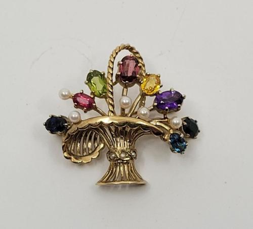 Antique Multi-Gem Flower Basket Brooch