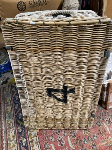 3 vintage wicker fishing baskets two rectangular, one semi circular.