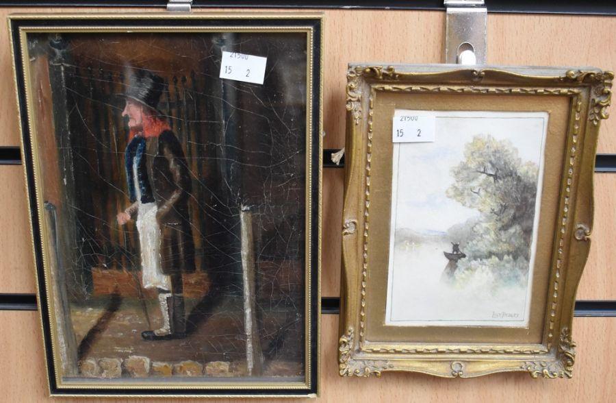 19th century primitive oil painting 'Old Man' and small framed watercolour