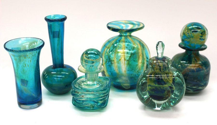 Mdina Glass A Collection Of Stylish Blue Glass Pieces Some With Added Yellow Detail To