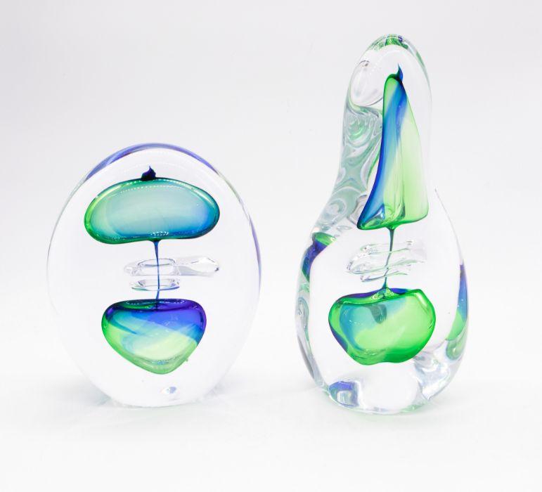 Remis Art Glass Contemporary A Pair Of Signed Glass Sculptures In Clear Green And Blue Glass 9859