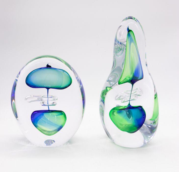 Remis Art Glass Contemporary A Pair Of Signed Glass Sculptures In Clear Green And Blue Glass 6075