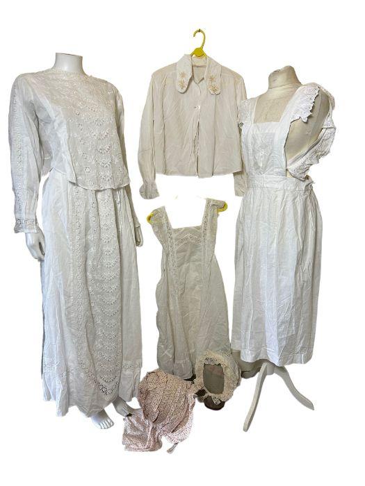 C1890s/1900 two piece lingerie dress/ garden dress with cutwork lace, two  coverall aprons, a white cotton petticoat, 1920s blouse, mid to late  Victorian field or sun bonnet (machine stitched) and another bonnet