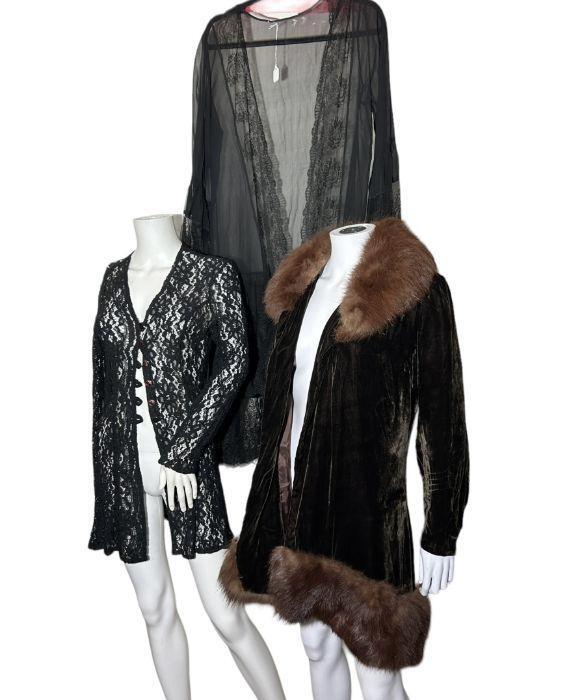 a 1920s/30s brown velvet coat with fur collar and hem, a 1920s drop waist  dress