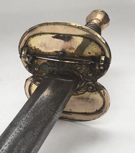 A 1796 pattern infantry officers sword (AF).
 Gilt brass fold down guard, wooden grip with wire binding, and gilt brass pommel.
 Steel single edged blade, with single fuller and flat spine.
 Approximately 99cm.
 Condition: fair.
 Missing knuckle guard and - 5