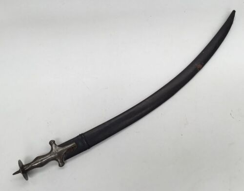 A late 19th / early 20th Indian talwar sword and scabbard.
 Of traditional form, all steel construction, with contoured handle, convex quillon, and disc shaped pommel with spike finial.
 Curved single edge blade with flat spine.
 Complete with leather cov