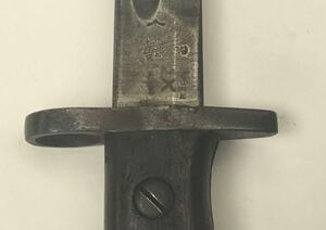 A British 1907 pattern bayonet, with scabbard and frog.
 Faintly date marked 3. 18 at the ricasso.
 GR and crown marked, along with various inspection stamps and bend test marks.
 The bayonet appears to have the later P1914/17 grooved grips fitted, but is - 5