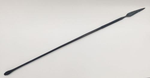 A 19th century South African throwing spear, possibly a Zulu Iklwa.
 Polished wooden shaft with flared and shaped end.
 Hand forged diamond section blade, with raised median ridge to both sides.
 The blade is secured to the shaft with what appears to be a woven hide, with this also being secured by woven metal bindings to the top and bottom.
 There is a letter P scratched into the wood near the end of the shaft.
 Approximately 130cm overall length, blade length 22.8cm.
 Condition: generally very