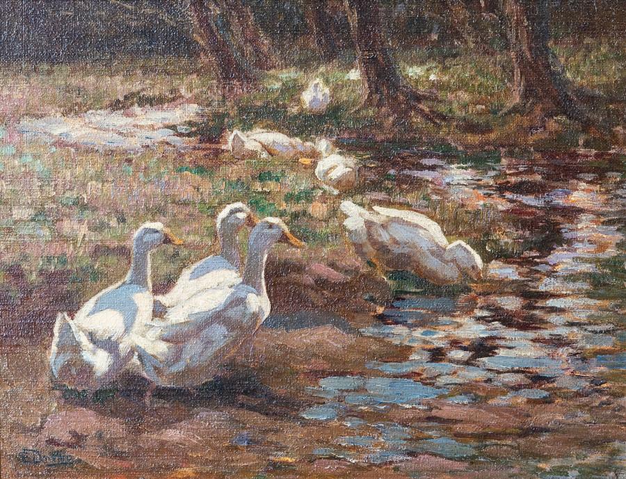 Edgar Downs (British, 1876-1963), ducks by a pond, signed l.l., oil on ...