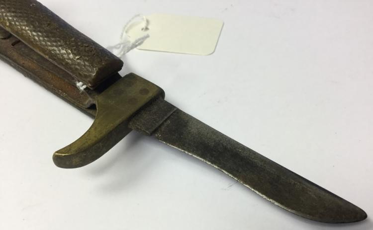 A Castrating Knife. Steel and Brass with horn grips. No makers markings ...