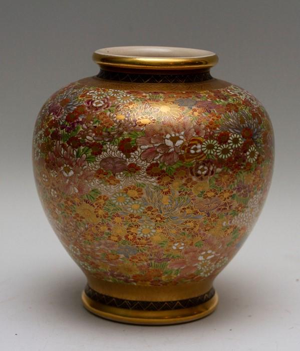 A Japanese satsuma ware ovoid vase, early 20th Century, extensive peony ...