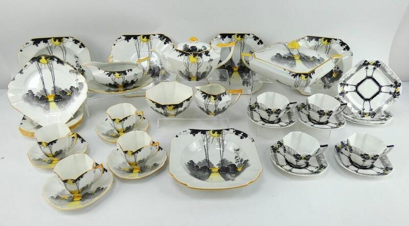 Shelley Art Deco Tall Trees & Sunrise 36 piece part tea set, Reg