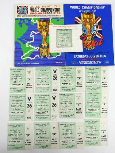 1966 Football World Cup tickets and programmes for each round to include:
 Souvenir tournament programme. 
 Souvenir Cup Final programme.
 Season ticket holder's wallet
 2 x tickets - Eighth final July 11- England v Uruguay
 1 x ticket - Eighth final July 13 - France v Mexico
 3 x tickets - Eighth final July 15 - Uruguay v France
 1 x ticket - Eighth final July 16 - England v Mexico
 1 x ticket - Eighth final July 20 - England v France
 1 x ticket - Quarter final July 23 - England v Argentina
 2