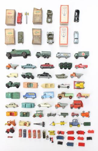 Diecast: A collection of assorted diecast vehicles to include: unboxed, playworn examples of Dinky, Matchbox and others; together with a small collection of boxed Benbros vehicles and two boxed Esso items. General condition of vehicles is good, although paint is worn; boxes have some damage and slight crushing. Please assess photographs. (one box)