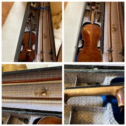 unmarked/labelled  Violin in original case complete with two bows a spare peg, strings and bracket  approximately 22 inches in length