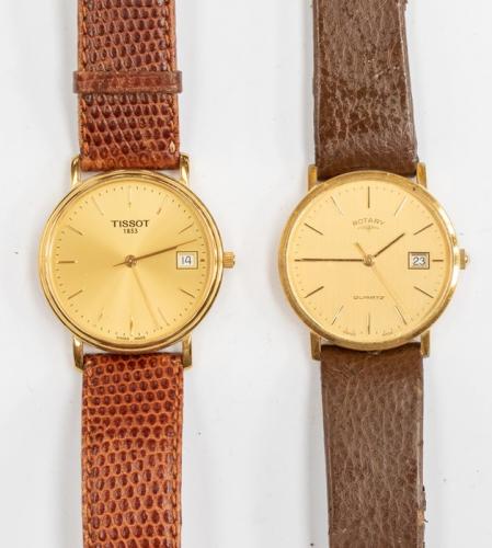 A gents Tissot, round gold tone dial, approx. 30mm, batons and date  aperture, brown leather textured strap, along with a gents Rotary watch,  gold tone dial, approx. 30mm, batons, date aperture, on
