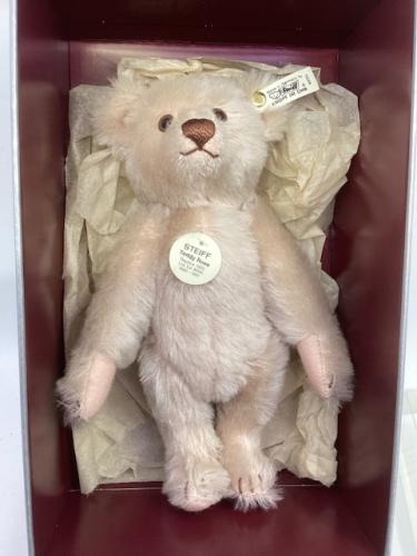 Steiff Vintage Boxed Teddy Rose bear .a 1925 Replica teddy bear made in  1990 ref 407154 Jointed mohair rose petal pink mohair teddy bear 25cm tall  , with rose pink felt pads ,