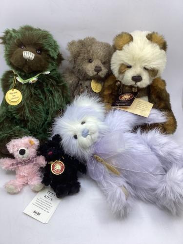 Charlie Bears collectable vintage teddy bear toys to includea 614837 Nancy bear, 114789 Kitty bear, 151563 Anniversary Ross bear, 631297 Daisychain bear alongsidee two Charlie Bear bag buddies: 615011 Bag Buddy Chi, 615012 Bag Buddy BiBi and a Steiff Rosa keyring. (7)